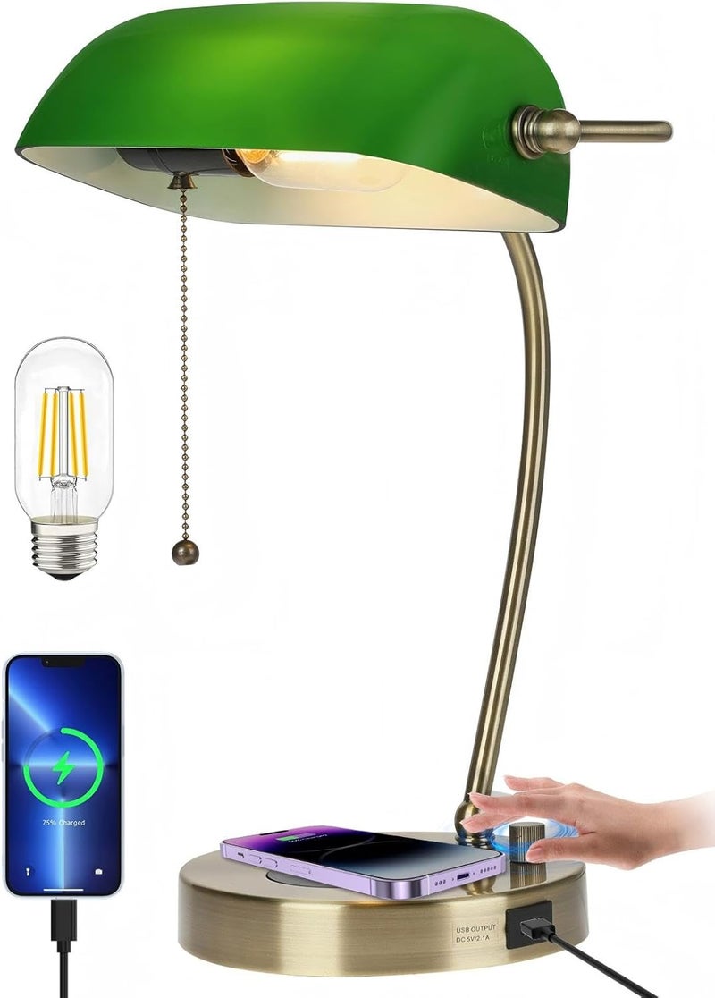Newrays Green Glass Bankers Desk Lamp with Wireless Charger, USB Charging Port for Home Office,Stepless Dimmable Table Lamp Plug in Fixture,LED Bulb Included - Image 1